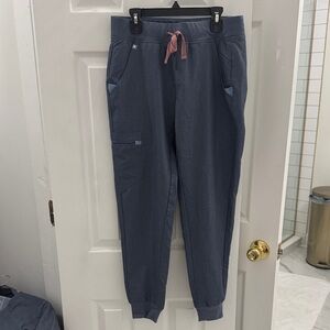 Figs Women's Cargo Pants in Blue with Pink Drawstring